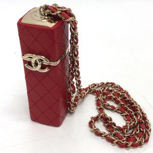 CHANEL Coco Mark CC Lip Case Chain Shoulder Bag Leather Women's Red Like New